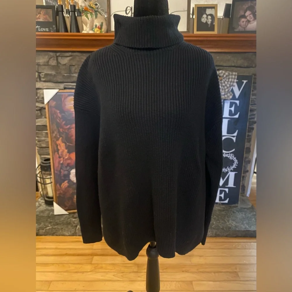 J. Crew Oversized Black Ribbed Turtleneck Sweater Cashmere/Cotton